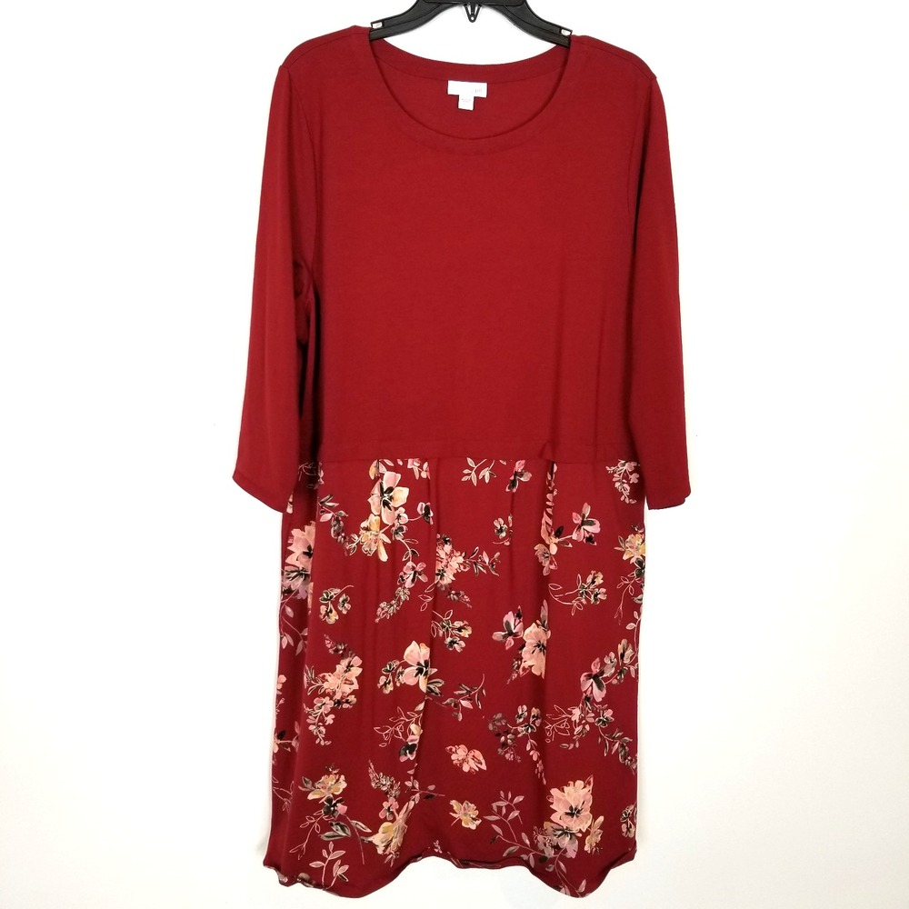 J. Jill Women Combo Brick Red Floral Dress Sz XL Pleat Waist 3/4 Sleeve